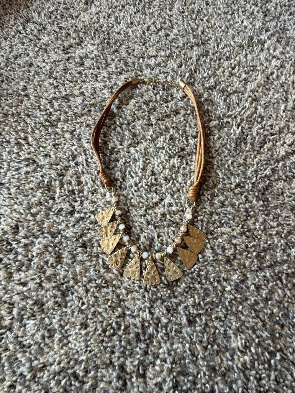 Boho Statement Necklace with Textured Gold-Tone Triangles and Beads on Tan Cord